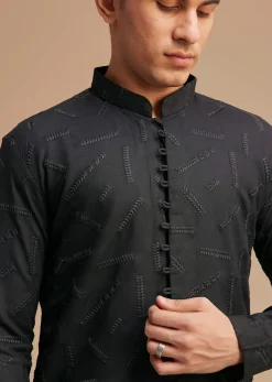Black Cotton Textured Kurta Set