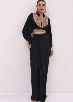 Black Crepe Crop Top And Skirt In Resham Work