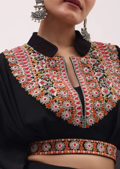 Black Crepe Crop Top And Skirt In Resham Work