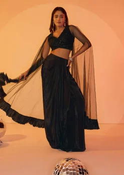 Black Crepe Drape Skirt Choli And Tulle Cape Set