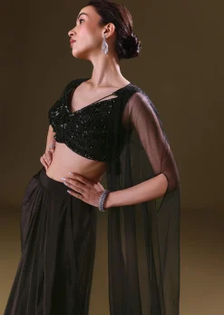 Black Crepe Drape Skirt Choli And Tulle Cape Set