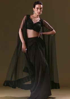 Black Crepe Drape Skirt Choli And Tulle Cape Set