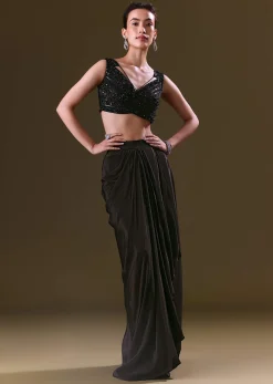Black Crepe Drape Skirt Choli And Tulle Cape Set