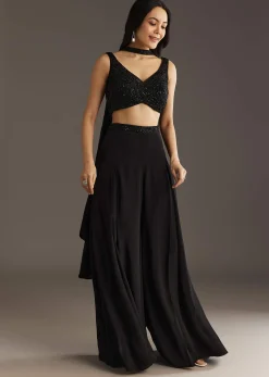 Black Crepe Embroidered Croptop With Embroidered Palazzo And Choker Dupatta