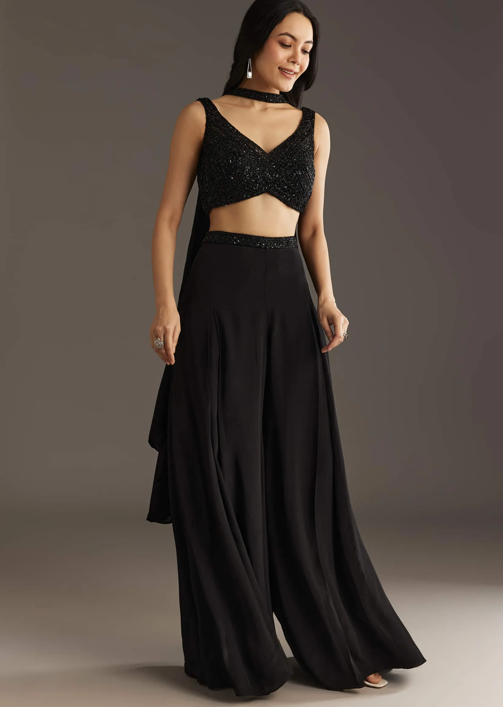 Black Crepe Embroidered Croptop With Embroidered Palazzo And Choker Dupatta