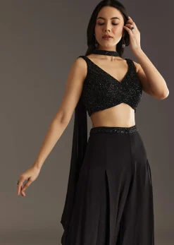 Black Crepe Embroidered Croptop With Embroidered Palazzo And Choker Dupatta
