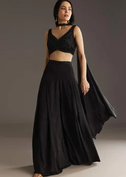 Black Crepe Embroidered Croptop With Embroidered Palazzo And Choker Dupatta