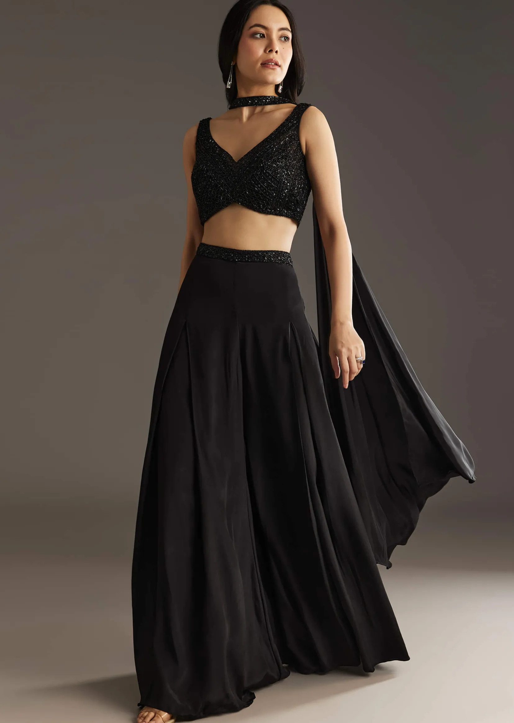 Black Crepe Embroidered Croptop With Embroidered Palazzo And Choker Dupatta