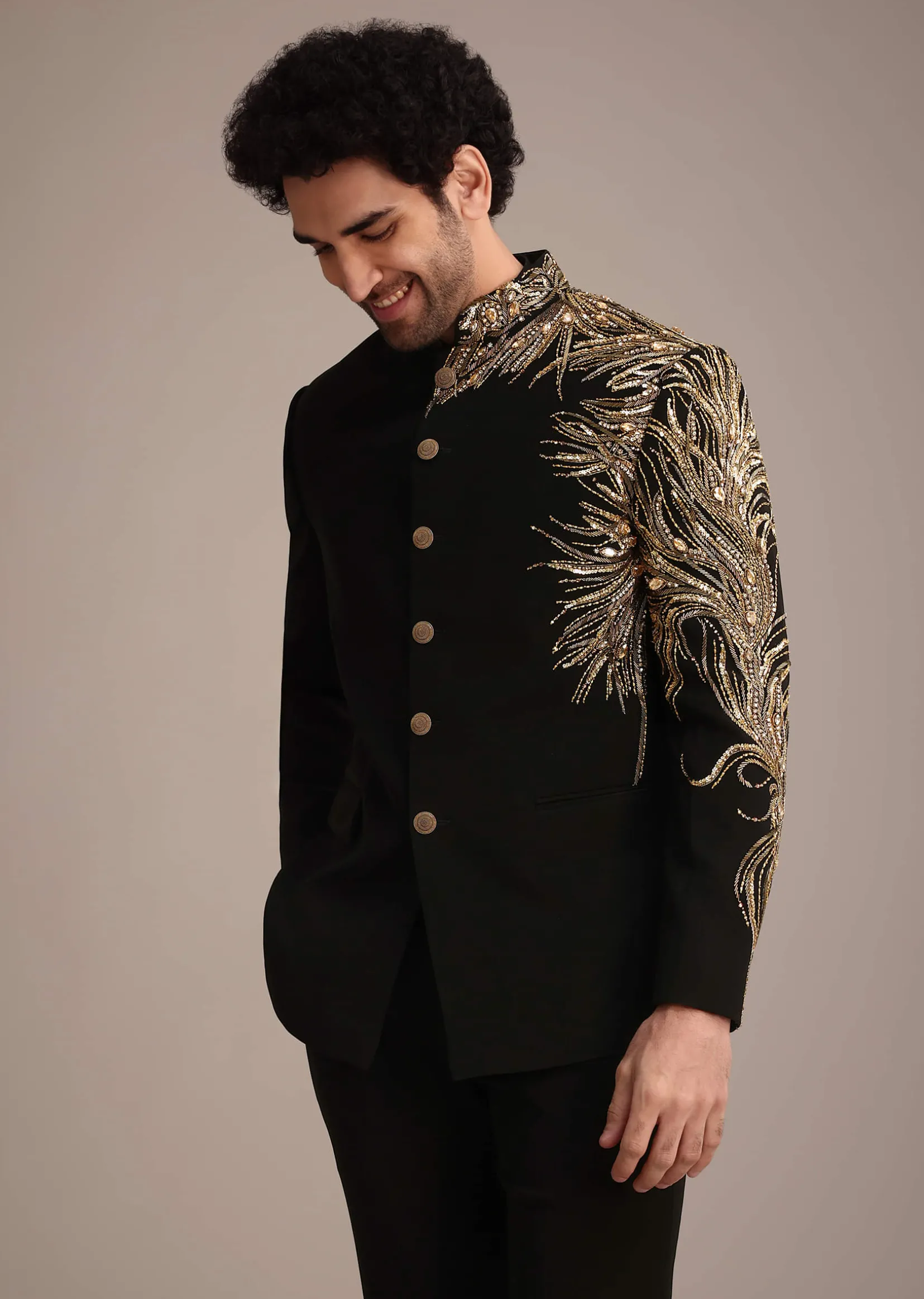Black Crepe Tuxedo Suit With Hand Work