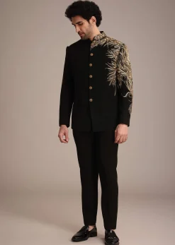 Black Crepe Tuxedo Suit With Hand Work