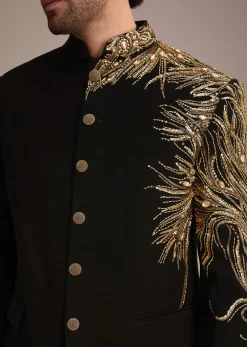 Black Crepe Tuxedo Suit With Hand Work