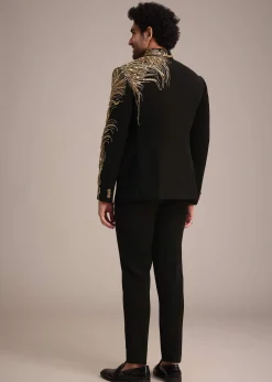 Black Crepe Tuxedo Suit With Hand Work