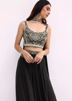 Black Crop Top And Palazzo Set With Zari Work