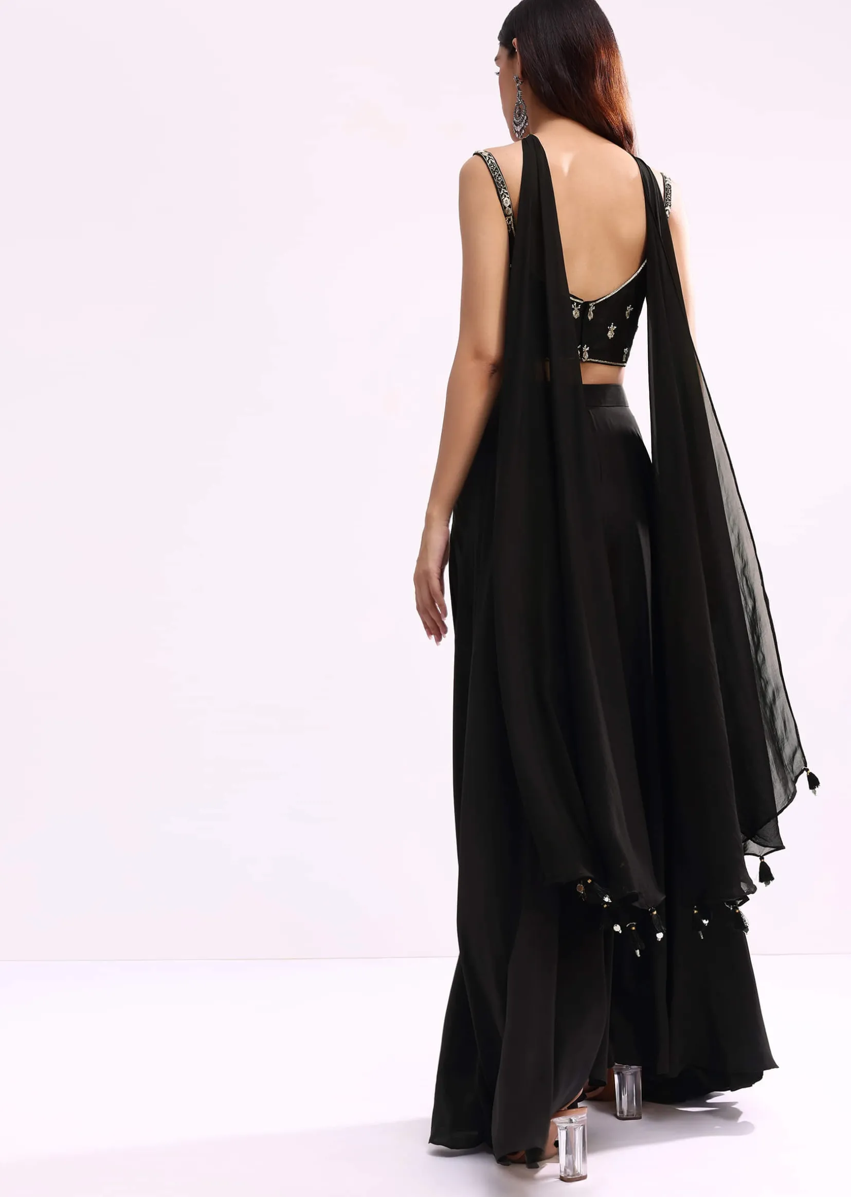 Black Crop Top And Palazzo Set With Zari Work