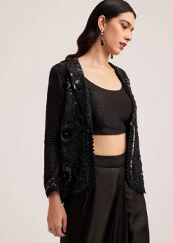 Black Crop Top Skirt And Embellished Jacket Set