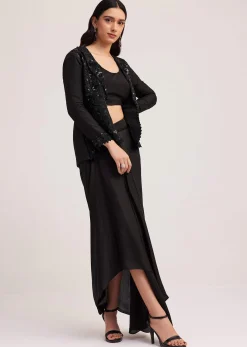 Black Crop Top Skirt And Embellished Jacket Set