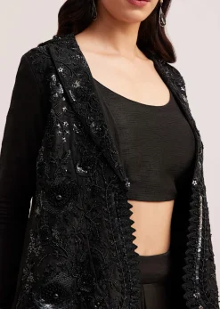 Black Crop Top Skirt And Embellished Jacket Set