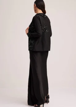 Black Crop Top Skirt And Embellished Jacket Set