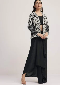 Black Crop Top Skirt And Embroidered Jacket Set