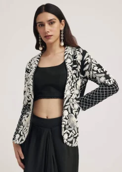 Black Crop Top Skirt And Embroidered Jacket Set