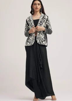 Black Crop Top Skirt And Embroidered Jacket Set
