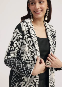 Black Crop Top Skirt And Embroidered Jacket Set