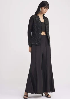 Black Crop Top With Flared Satin Palazzo