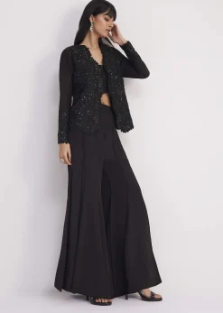 Black Crop Top With Flared Satin Palazzo