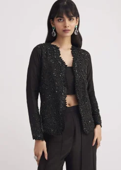 Black Crop Top With Flared Satin Palazzo