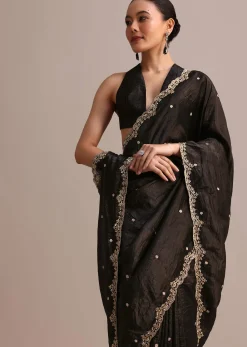 Black Crushed Tissue Saree With Sequin And Cutdana Embroidered Border