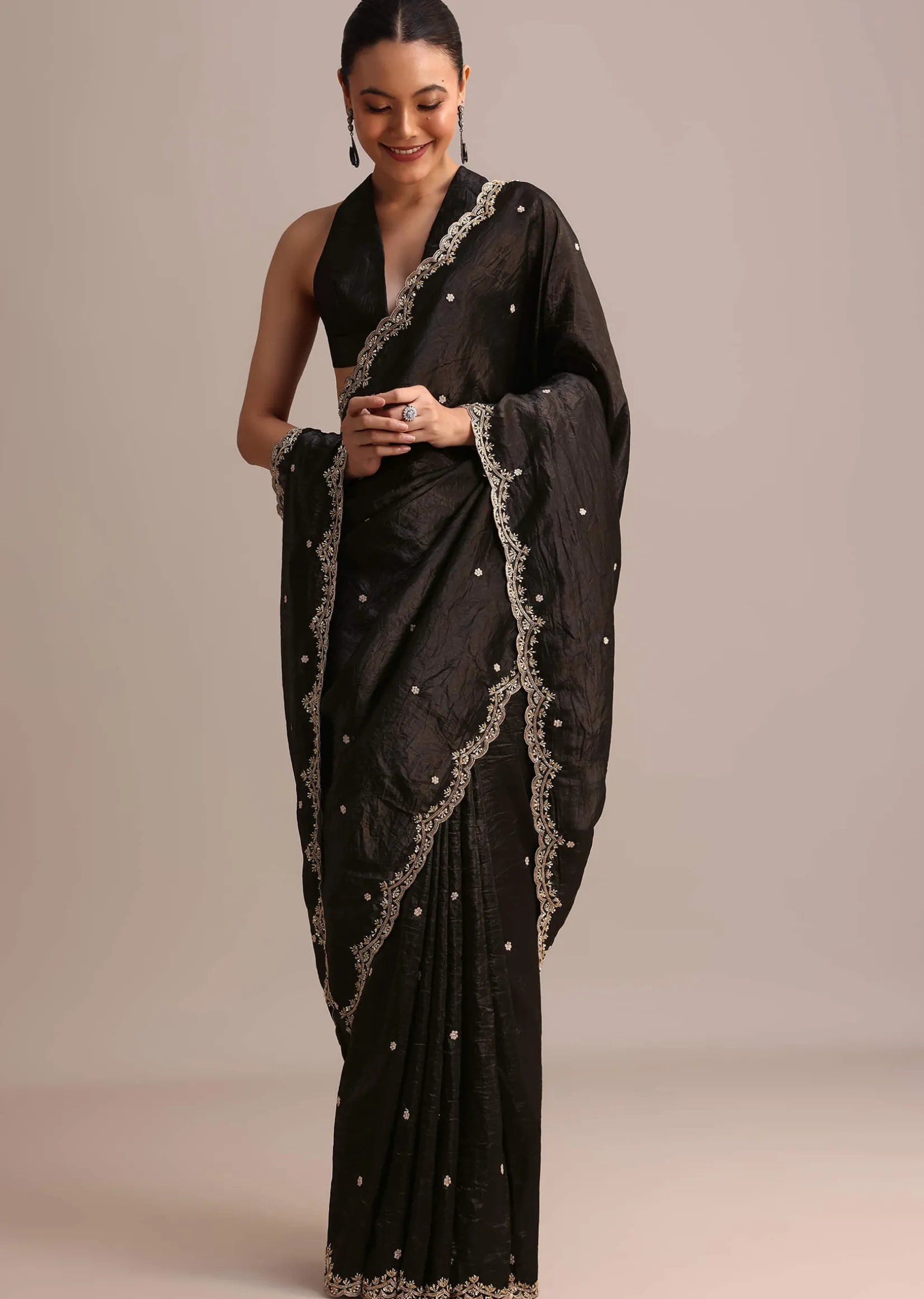 Black Crushed Tissue Saree With Sequin And Cutdana Embroidered Border