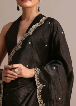 Black Crushed Tissue Saree With Sequin And Cutdana Embroidered Border