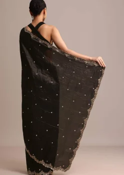 Black Crushed Tissue Saree With Sequin And Cutdana Embroidered Border