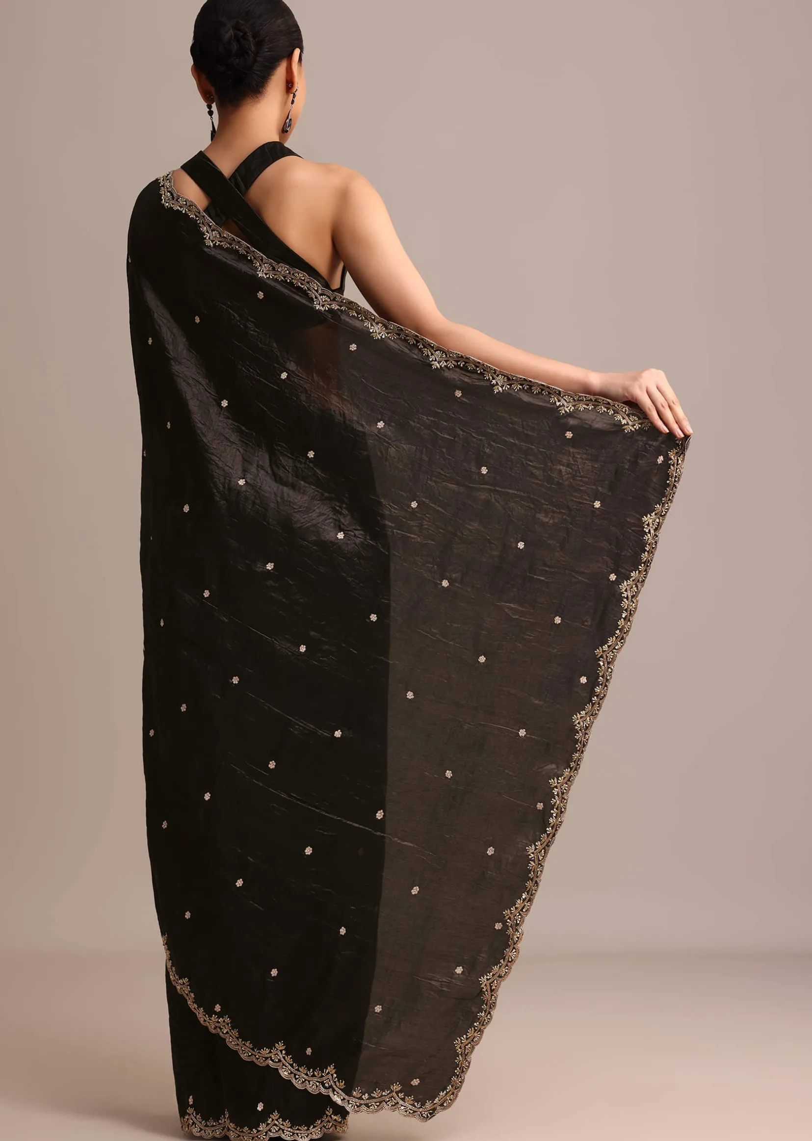 Black Crushed Tissue Saree With Sequin And Cutdana Embroidered Border