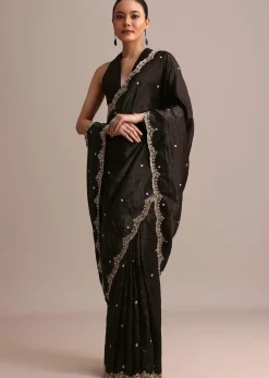 Black Crushed Tissue Saree With Sequin And Cutdana Embroidered Border