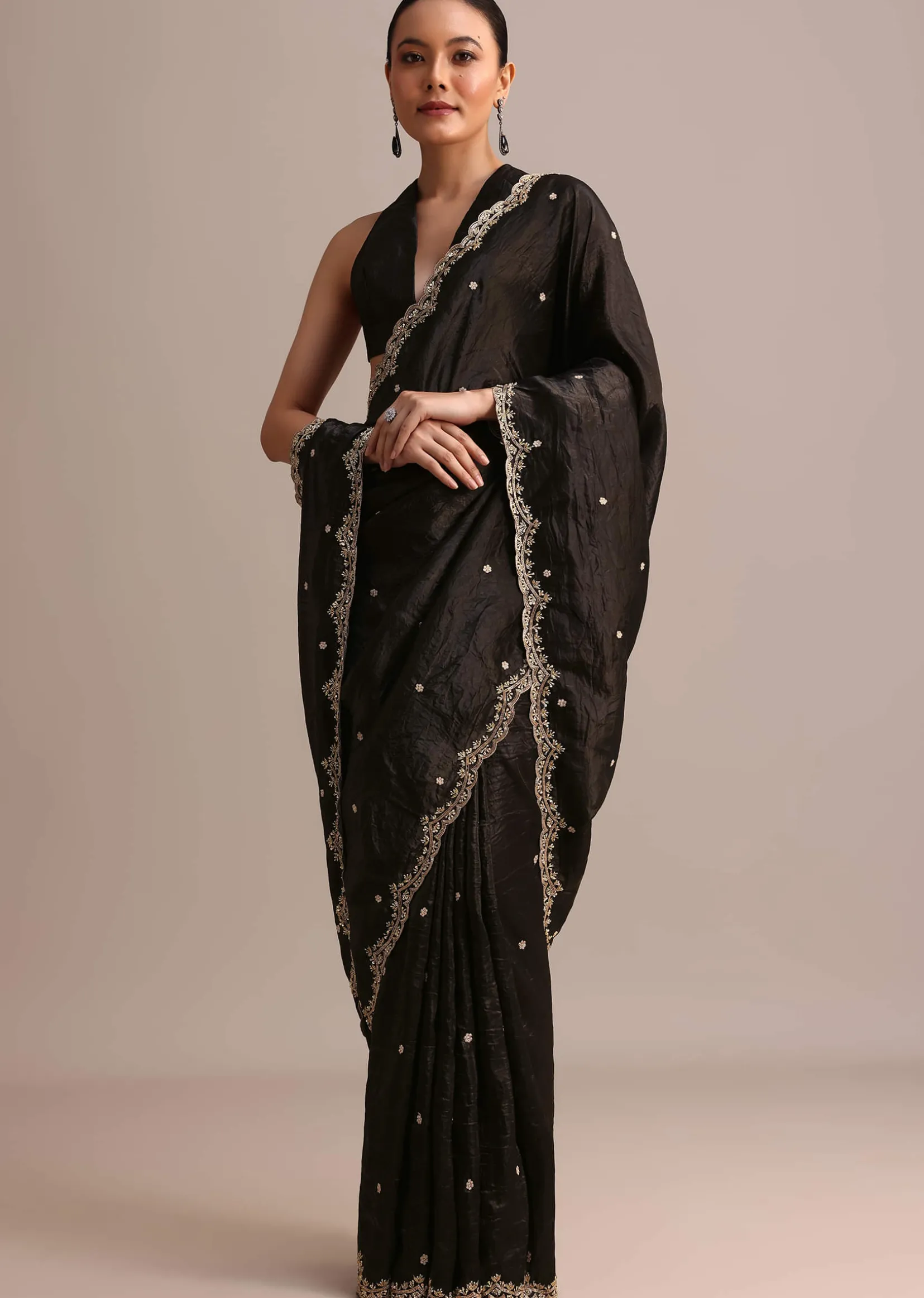 Black Crushed Tissue Saree With Sequin And Cutdana Embroidered Border