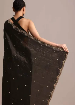 Black Crushed Tissue Saree With Sequin And Cutdana Embroidered Border