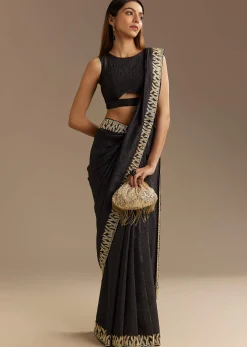 Black Crushed Tissue Saree With Scallop Border And Stone Embroidery