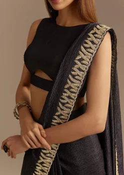 Black Crushed Tissue Saree With Scallop Border And Stone Embroidery