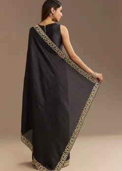 Black Crushed Tissue Saree With Scallop Border And Stone Embroidery