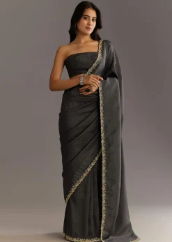 Black Crushed Tissue Saree With Scallop Embroidered Border