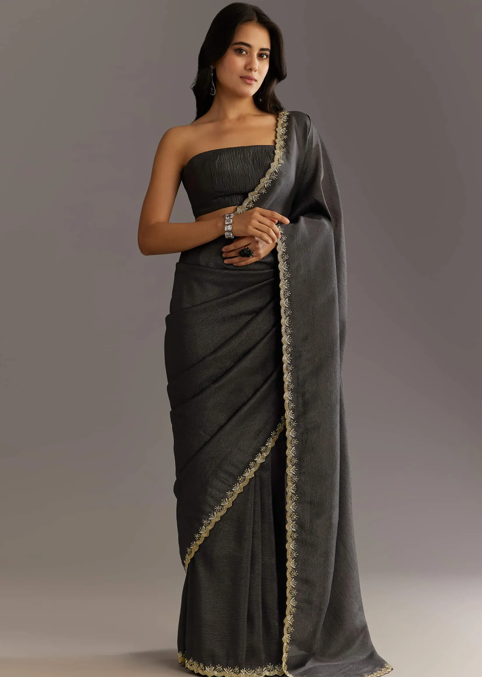 Black Crushed Tissue Saree With Scallop Embroidered Border