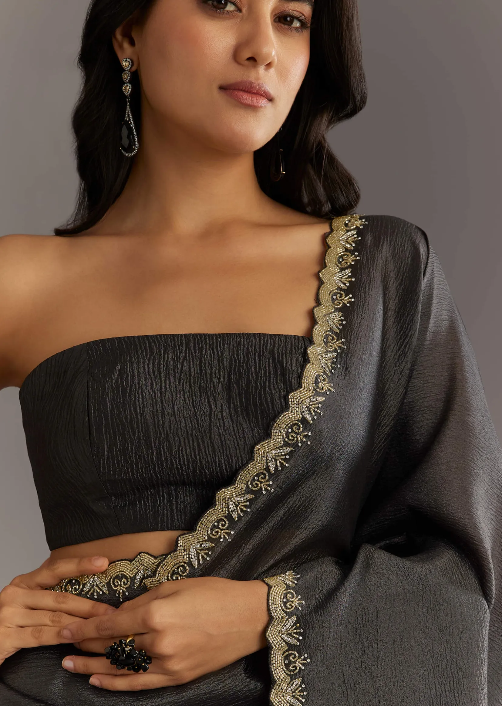Black Crushed Tissue Saree With Scallop Embroidered Border