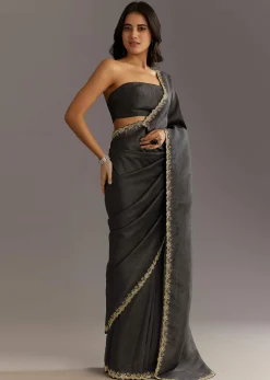 Black Crushed Tissue Saree With Scallop Embroidered Border