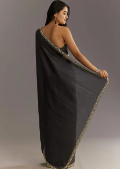 Black Crushed Tissue Saree With Scallop Embroidered Border