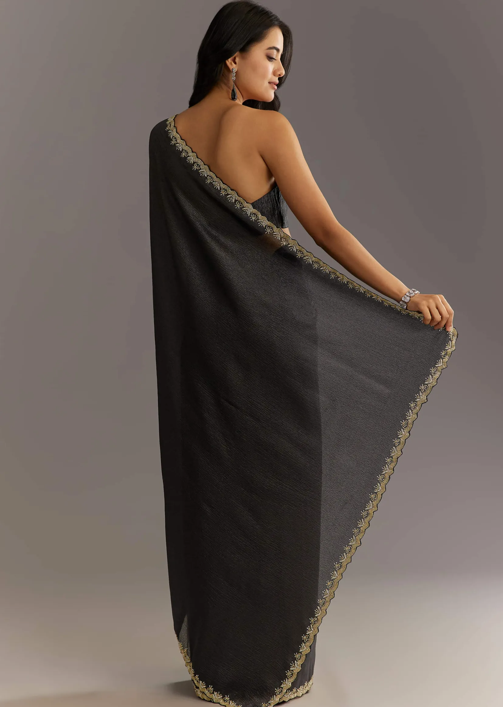 Black Crushed Tissue Saree With Scallop Embroidered Border
