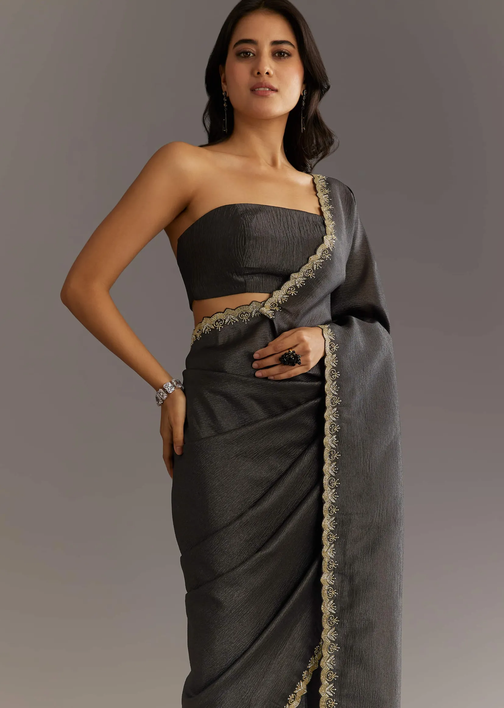 Black Crushed Tissue Saree With Scallop Embroidered Border