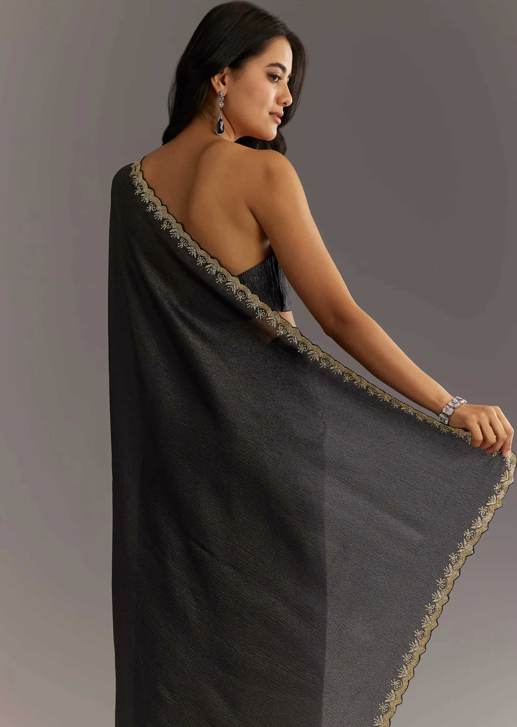 Black Crushed Tissue Saree With Scallop Embroidered Border