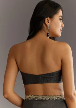 Black Crushed Tissue Saree With Scallop Embroidered Border