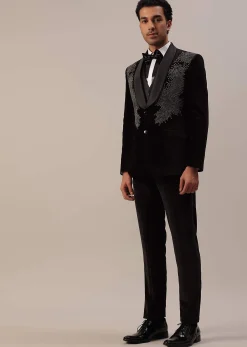 Black Crystal Handwork Tuxedo Set In Velvet